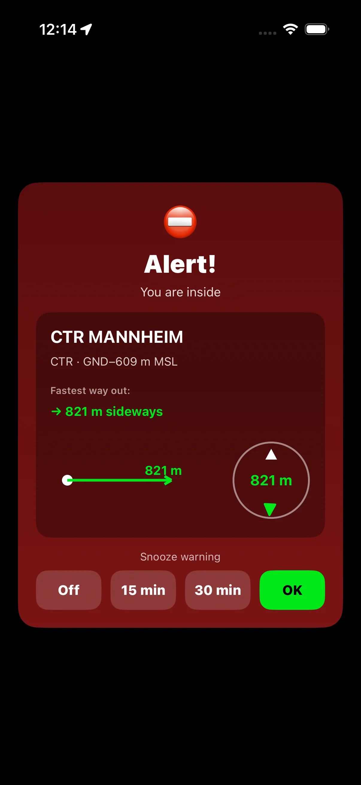 Airspace alert fullscreen: Alert! You are inside CTR MANNHEIM – with snooze options