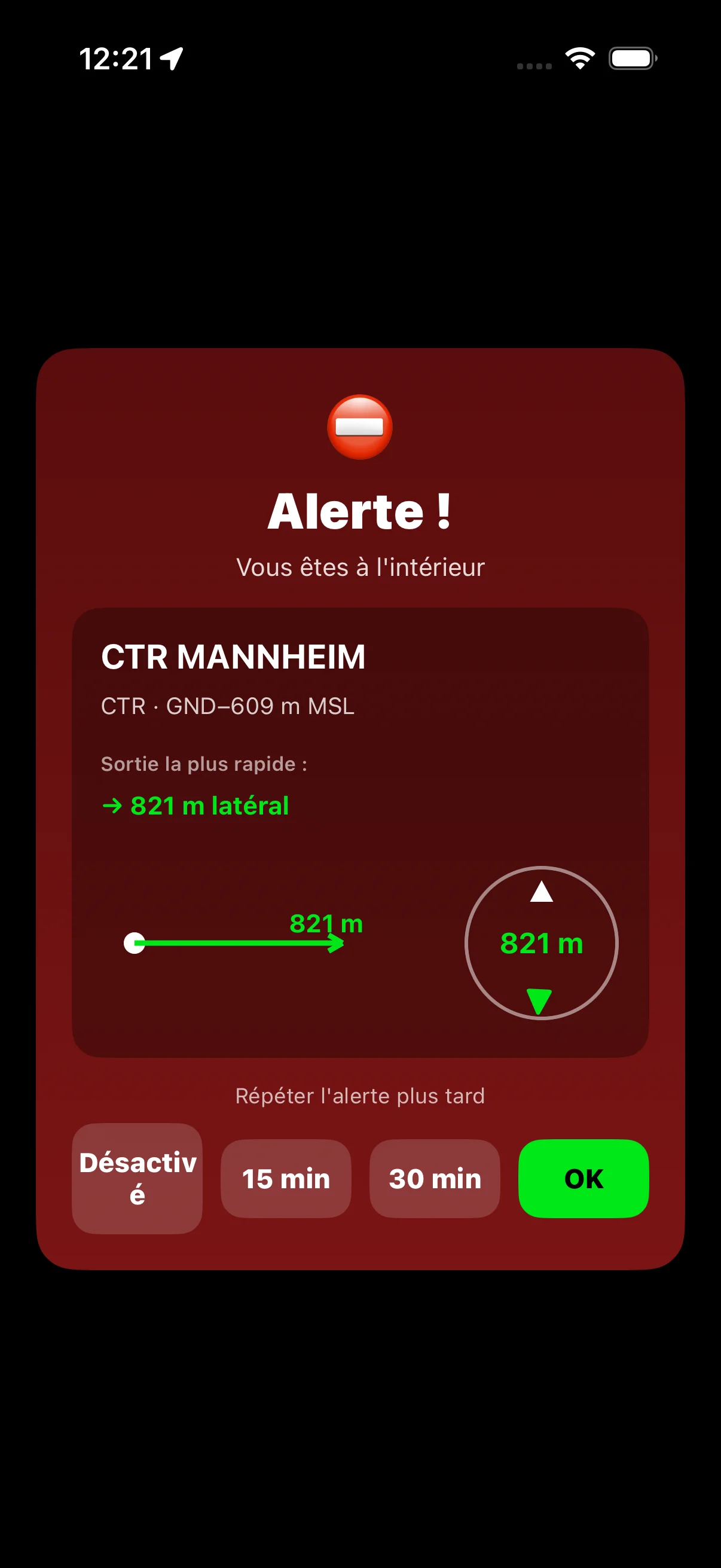 Alerte plein écran : Alerte ! Vous êtes à l'intérieur du CTR MANNHEIM – avec options de report