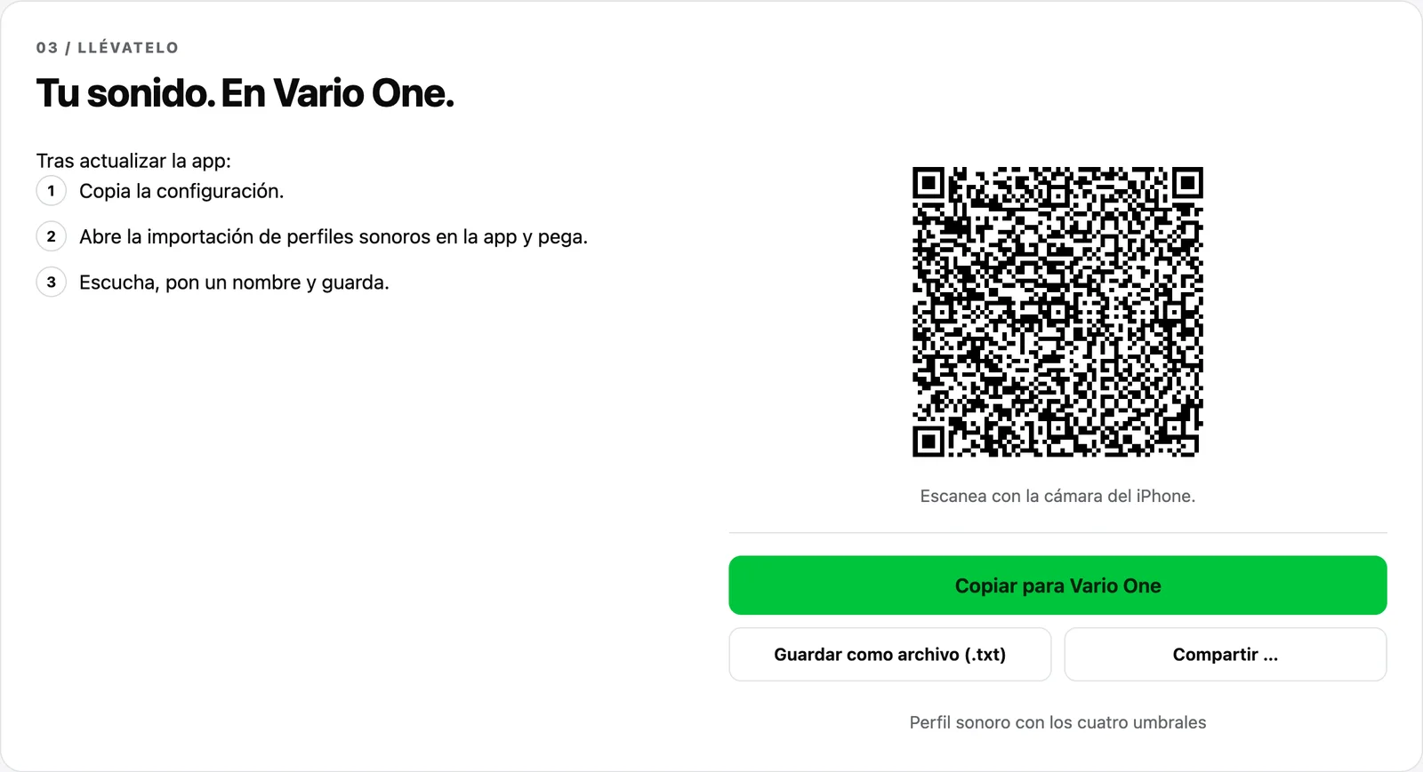 Sound Studio: transferir el perfil sonoro a Vario One con código QR o copiando